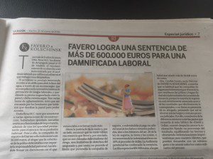 Favero logra una sentencia de más de 600.000 euros para una damnificada laboral