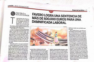 Favero logra una sentencia de más de 600.000 euros para una damnificada laboral