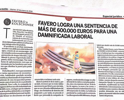 Favero logra una sentencia de más de 600.000 euros para una damnificada laboral